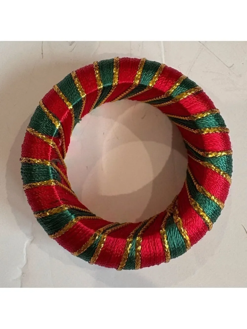 Festive Red and Green Striped Napkin Rings with metallic gold thread. Set of 12.